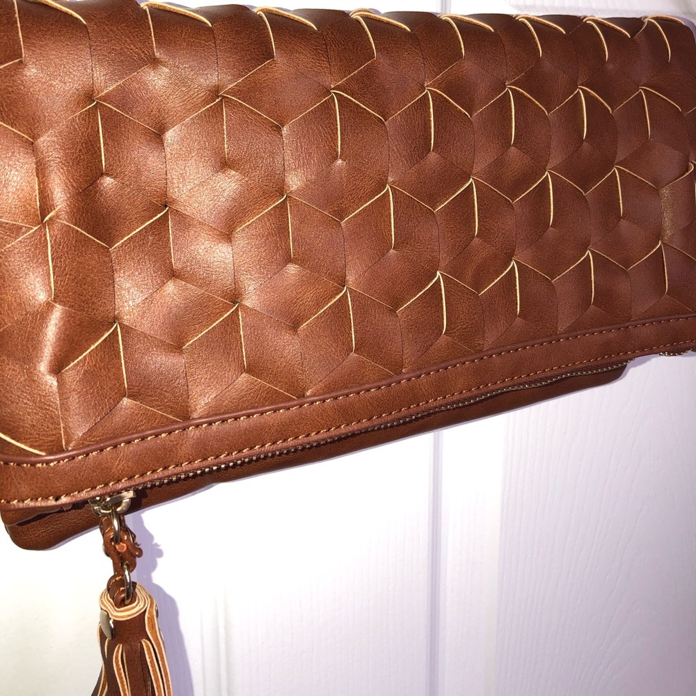 Brown Fake Leather Fold-over Clutch w/Zipper